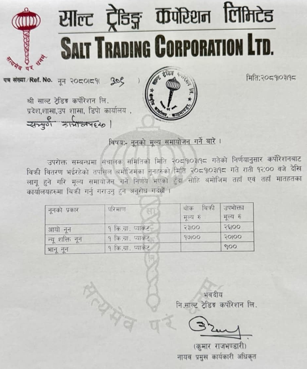 सरकारले किलोमा ६ रुपैयाँ बढायो नुनको भाउ